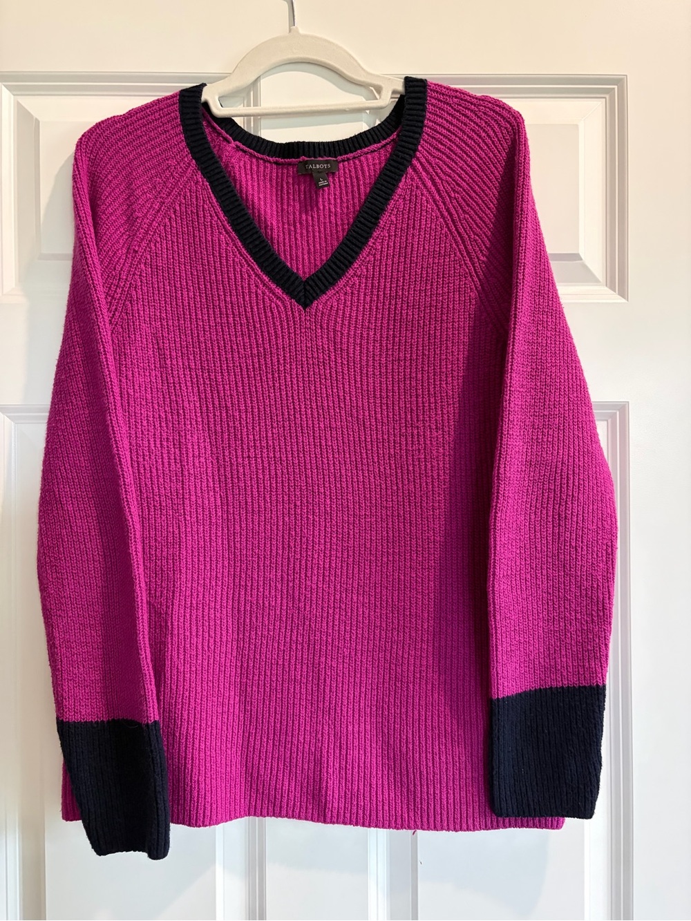 Talbots Fuchsia V-Neck Sweater with Black Trim